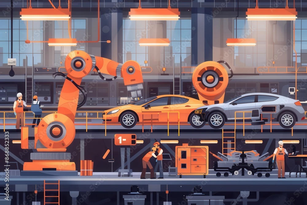 Fototapete a vibrant depiction of a car assembly line, showcasing the seamless integration of workers and robot