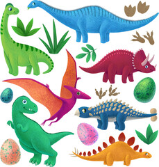 Dinosaurs clipart set of illustration. Cute dinos, eggs, plants, foot prints. Diplodocus, Brachiosaurus, Triceratops, Ankylosaurus, Tyrannosaurus, Stegosaurus, Pterosaurus, Pterodactylus