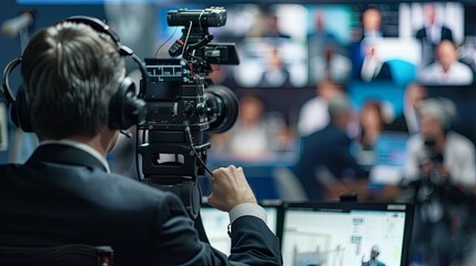 Journalist Working at Desk During Press Conference in Newsroom, Reporter Taking Notes and Preparing for Live Broadcast, Professional Media Environment with News Equipment and Documents