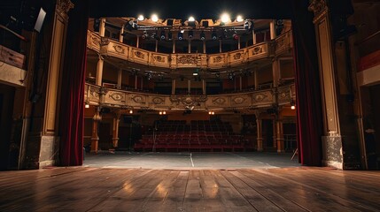 Obraz premium Actors Rehearsing on Theater Stage in Backstage Costume Area: Behind the Scenes at a Theatre Performance with Actors Preparing for a Play or Musical in a Dramatic and Creative Environment