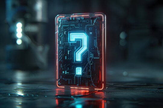 A box with a question mark on it is lit up in neon colors