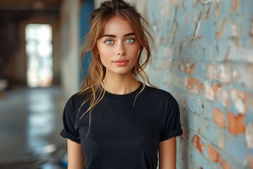 Naklejka premium Young Woman With Blue Eyes Stands Against A Brick Wall