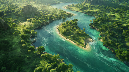 Obraz premium Aerial View of Winding River Through Lush Green Valley