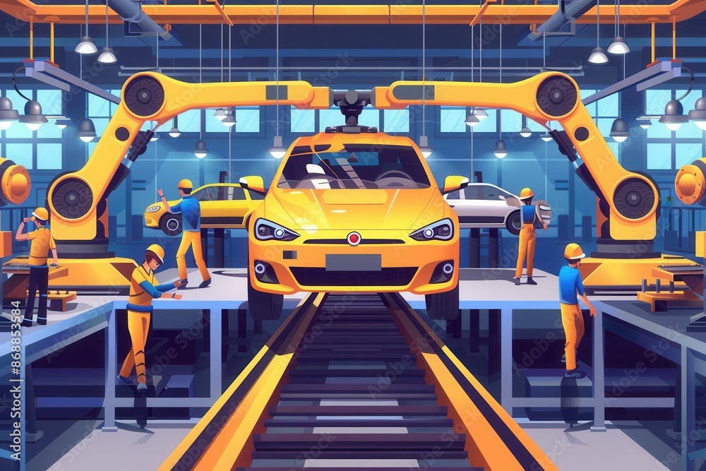 Poster A dynamic illustration showcasing a modern car assembly line with workers and robots collaborating to assemble vehicles. Generative AI