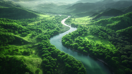 Aerial View of Winding River Through Lush Green Valley