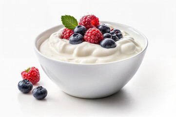 White bowl filled with yogurt and berries on white background.