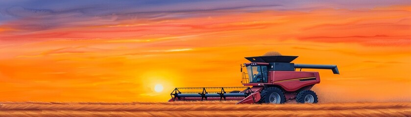 Fototapeta premium A dynamic watercolor of a combine harvester in action during sunset, Bright hues, Dramatic