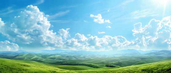 Fototapeta premium Panoramic View of Rolling Green Hills Under Bright Blue Sky