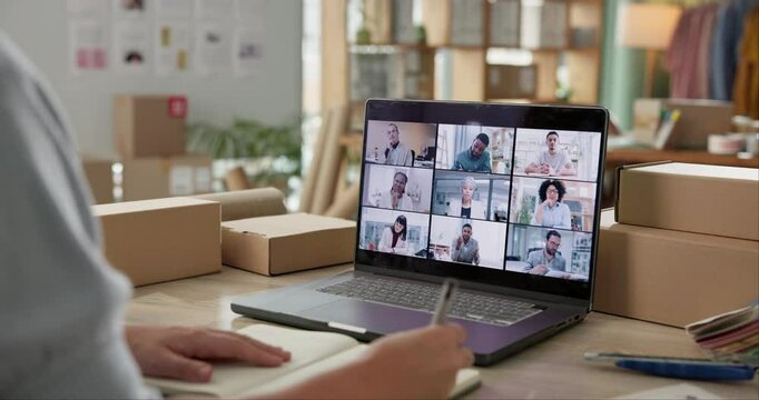 Business people, video call and laptop screen with fashion designer or entrepreneur writing notes of b2b collaboration. Home freelancer brainstorming in meeting with clients or e commerce stakeholder