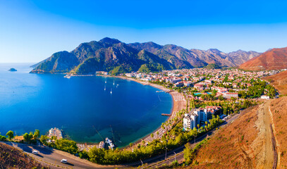 Icmeler town beach aerial panoramic view in Turkey