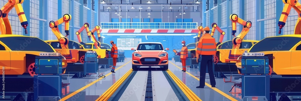 Poster modern car assembly line with robots and workers building cars showcases innovative tech in automoti