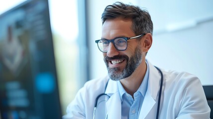 Obraz premium Smiling doctor in white coat looking at computer screen.