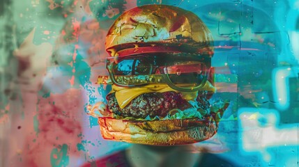 Fototapeta premium Graffiti wall focus on, copy space, vibrant colors, double exposure silhouette with burger ingredients