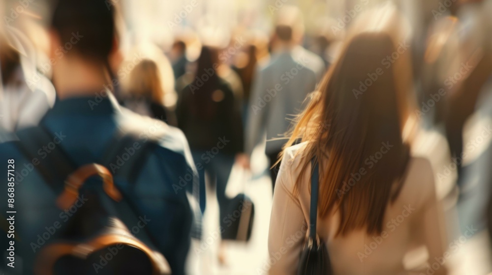 Poster Crowd of people walking on a busy street. AI.