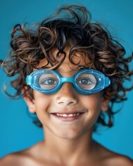 Portrait of a happy boy wearing swimming goggles. AI.