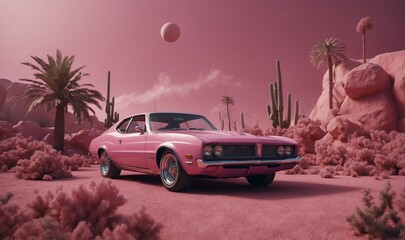 Vintage pink car in surreal pink desert terrain setting