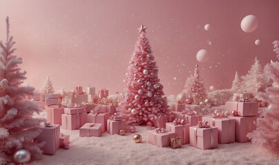 Pink Christmas trees with presents in snowy wonderland