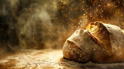 Obraz premium Artisan bread close up, focus on, copy space, detailed scoring, double exposure silhouette with rustic setting