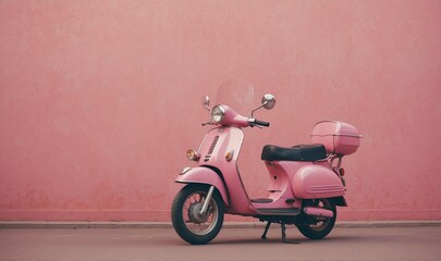 Vintage pink scooter against pastel pink wall parked neatly