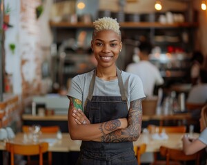 Portrait of a smiling woman wearing an apron in a restaurant. AI.