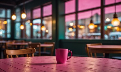 Pink mug on a table in cozy caf&eacute; with lights.