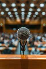 Close-up of a microphone on a podium with a blurred audience in the background. AI.