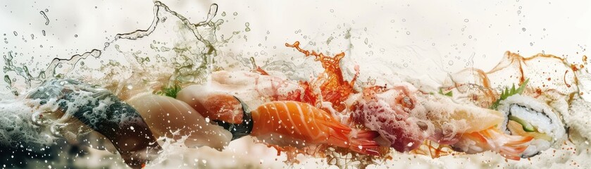 Wave splash focus on, copy space, dynamic motion, double exposure silhouette with sushi roll