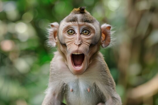A surprised monkey opens its mouth wide. AI.
