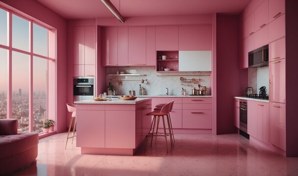 Sleek pink kitchen with panoramic city view and stools.