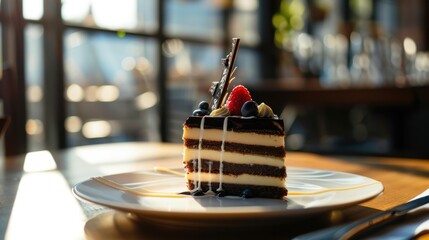 Fototapeta premium Plated dessert close up, focus on, copy space, exquisite detail, double exposure silhouette with cafe ambiance