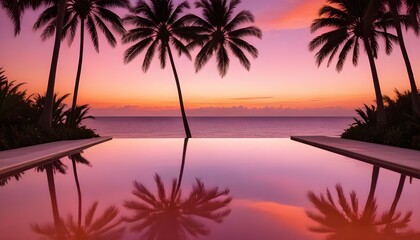 Obraz premium Serenity at sunset: An infinity pool blending into the ocean, framed by swaying palm trees, with the sky painted in shades of orange and pink.
