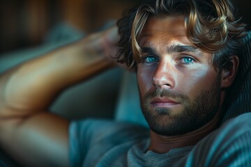 Obraz premium Close-Up Portrait of a Man With Blue Eyes and a Stubble Beard