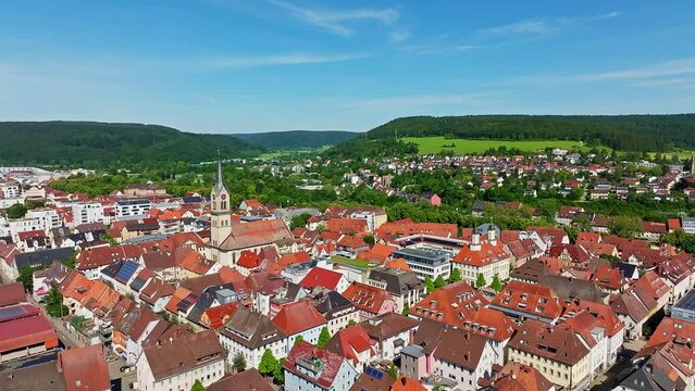 Aerial view of the town centre of Tuttlingen with the Protestant church of St. Peter and Paul, district of Tuttlingen, Black Forest, Baar, Heuberg, Baden-W&uuml;rttemberg, Germany, Europe