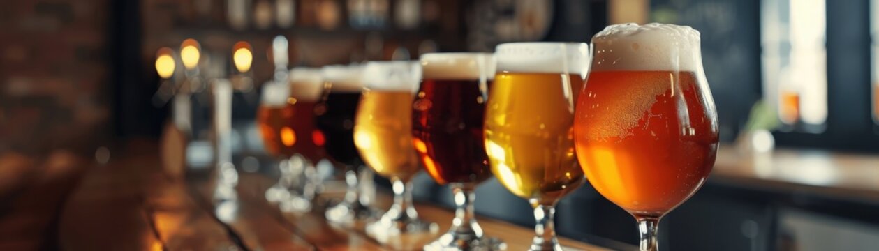 Beer flight close up, focus on, copy space, variety of brews, double exposure silhouette with pub interior