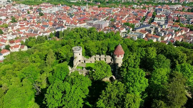 Aerial view of the Honburg castle ruins on the Honberg above the town of Tuttlingen, district of Tuttlingen, Black Forest, Baar, Heuberg, Baden-W&uuml;rttemberg, Germany, Europe