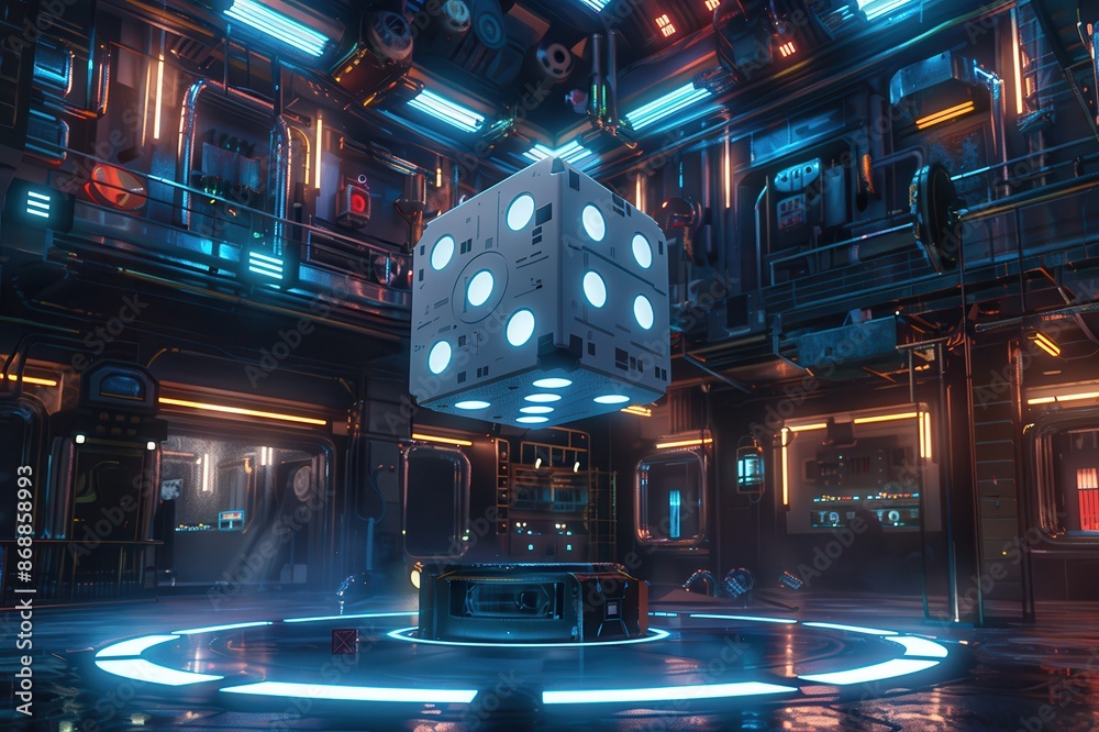 Wall mural a cube is floating in the air in a futuristic setting