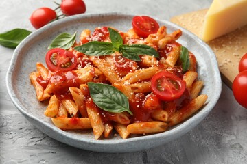 Delicious pasta with tomato sauce, basil and cheese on gray textured table, closeup