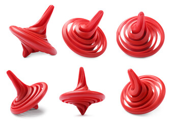 Red spinning top isolated on white, collage