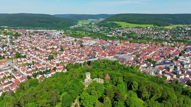 Aerial view of the town of Tuttlingen, in the foreground the Honburg castle ruins on the Honberg, district of Tuttlingen, Black Forest, Baar, Heuberg, Baden-W&uuml;rttemberg, Germany, Europe