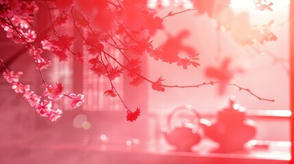 Fototapeta premium Cherry blossom branch focus on, copy space, vibrant pink, double exposure silhouette with tea ceremony