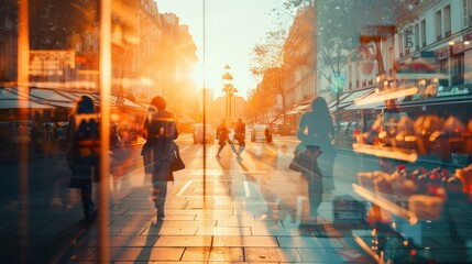 Parisian boulevard focus on, copy space, picturesque view, double exposure silhouette with dessert table