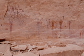 Historical Pictographs from ancient culture on canyon wall in Buckhorn Wash, Utah, United States of America.