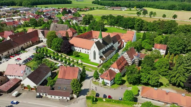 Aerial view of the village of Heiligkreuztal with the cathedral and the former Cistercian nunnery, district of Biberach, Upper Swabia, Baden-W&uuml;rttemberg, Germany, Europe