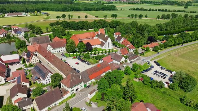 Aerial view of the village of Heiligkreuztal with the cathedral and the former Cistercian nunnery, district of Biberach, Upper Swabia, Baden-W&uuml;rttemberg, Germany, Europe