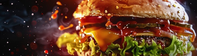 Cheeseburger close up, focus on, copy space, melting cheese, double exposure silhouette with graffiti backdrop