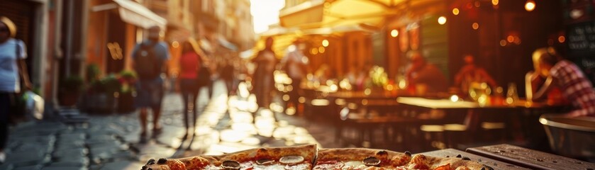 Obraz premium Italian piazza focus on, copy space, lively atmosphere, double exposure silhouette with pizza platter