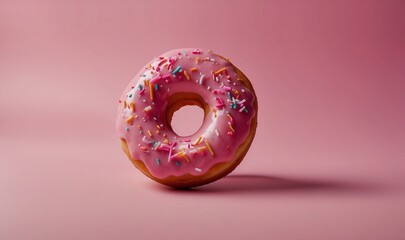 Pink frosted donut with colorful sprinkles on pink stand