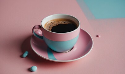 Pink and blue coffee cup on a matching saucer