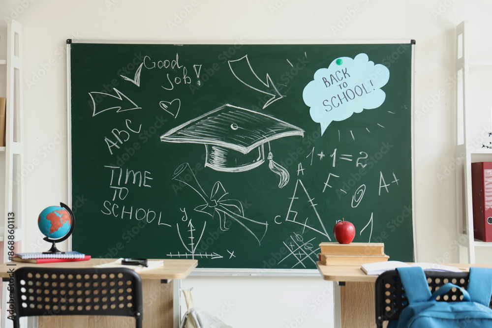 Wall mural green chalkboard with different drawings and text back to school in classroom