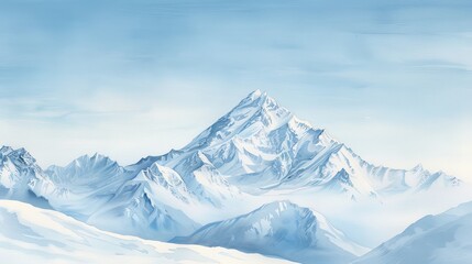 Fototapeta premium Watercolor snowy mountain peak with a clear blue sky